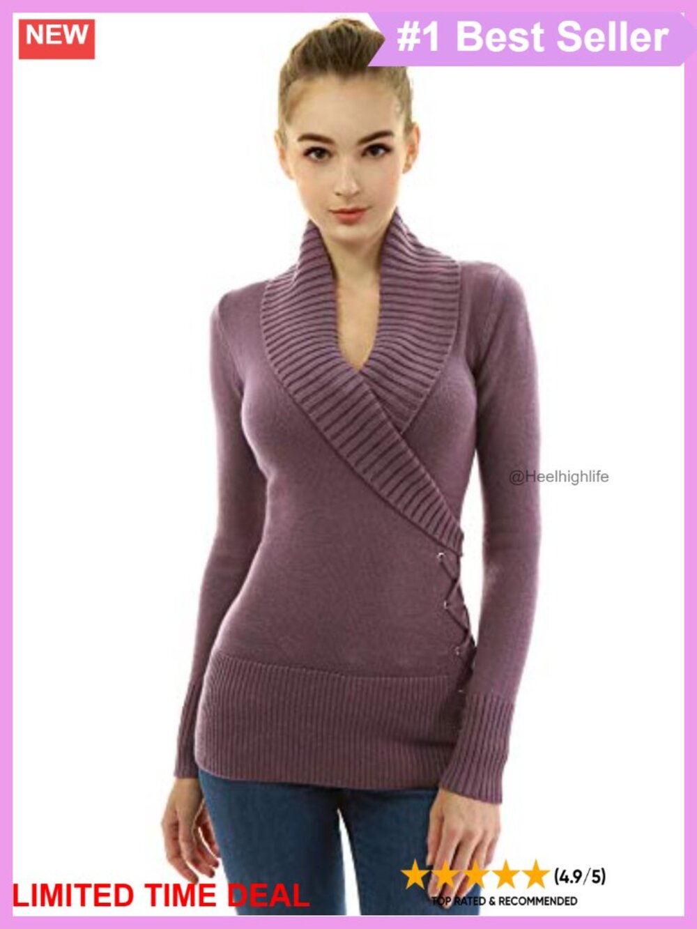 Slim Fit Faux Wrap Lace Up Shawl Collar Long Sleeve Acrylic Sweater Pullover